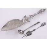 A continental silver pickle fork, silver ladle and unmarked novelty fish slice, (3).