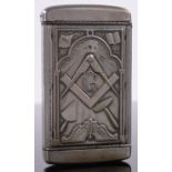 A Masonic silver plated vesta case, relief embossed lid depicting Niagara Falls, length 7cm.