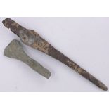 An Ancient bronze axe head and spear tip, thought to have come from Richborough Castle,