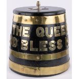 An Elizabeth II brass mounted oak rum barrel and cover,