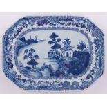An 18th century Chinese blue and white porcelain meat plate, with painted pagoda design,