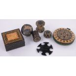 A group of Tunbridge Ware sewing items, including a stamp box with penny red lid, pin cushion, etc.