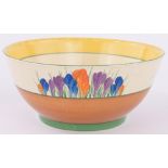 A Clarice Cliff Bizarre Crocus pattern fruit bowl, diameter 22cm, small rim chip.