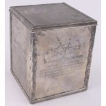 An unusual Indian silver tea chest design tea caddy inscribed "Tea Auction Centenary Calcutta
