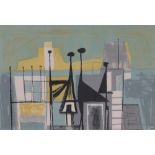 Henry Cliffe (1919-1983), colour screen print, abstract rooftops, signed in pencil, dated 1952,