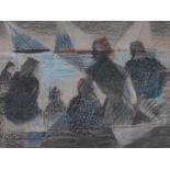 Manner of Conroy Maddox, pastel/crayon, figures watching yachts, 20" x 24", framed.