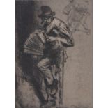 Sir Frank Brangwyn (1867-1956), etching, accordion player, signed in pencil, p 9" x 6.5", framed.