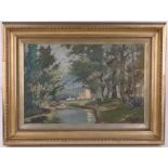 19th/20th century oil on canvas, impressionist continental landscape, unsigned, 20" x 30", framed.