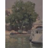 P W Adams, oil on board, barges on the Seine, Paris, signed and dated 1895, 10" x 8", framed.