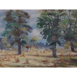 E B Reynolds, mid 20th century oil on board, elm in harvest field, signed and titled verso, 15.