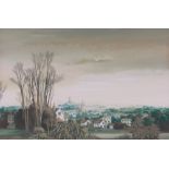 R Constable, gouache, extensive landscape towards Glastonbury, signed, 14" x 21", framed.