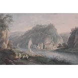 18th century Continental School, ink/watercolour, detailed continental river scene, unsigned,