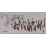 Hutch, mixed media watercolour/ink, crowd study, signed, 10" x 20", framed.