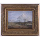 Arnesby Brown, oil on board, winter landscape, unsigned, inscribed verso, 11" x 15", framed.