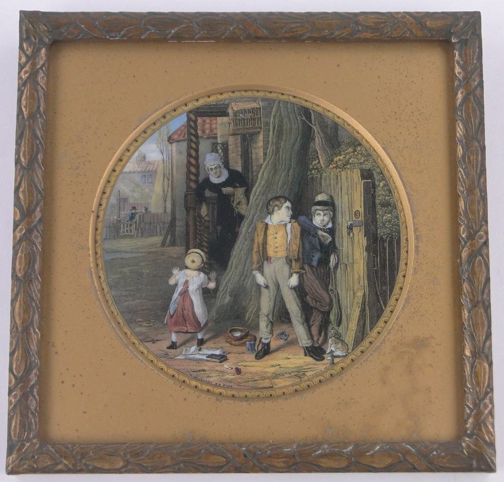 A 19th century Prattware plaque, The Truant after Mulready, diameter 15cm in gilt frame.