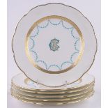 A set of 6 Mintons plates, with painted turquoise enamel and gilding, diameter 23cm.