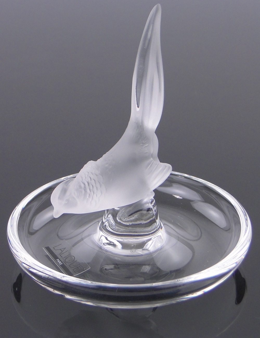 A modern Lalique glass bird design pin dish, diameter 9.5cm, boxed.