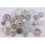 A Collection of Victorian Prattware pot lids, including bears grease, (20 lids and bases).