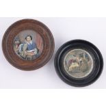 2 Victorian Prattware pot lids, Fidelity, diameter 7cm, and Woman reading a book, diameter 6.