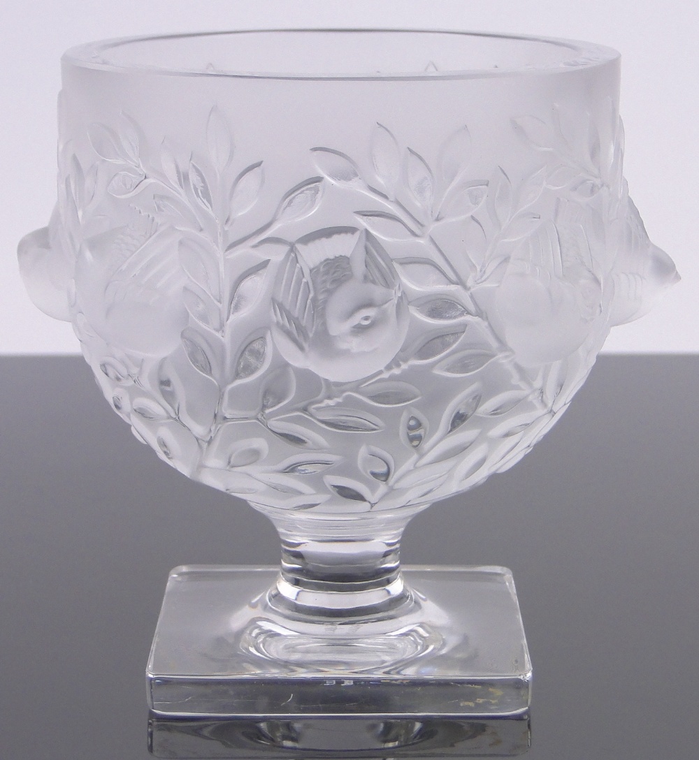 A Rene Lalique Elizabeth pattern glass vase, relief moulded bird designs, engraved signature,