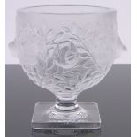 A Rene Lalique Elizabeth pattern glass vase, relief moulded bird designs, engraved signature,