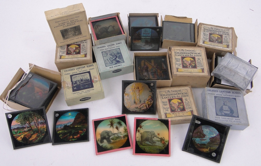 A large collection of Antique magic lantern slides, including Our Firemen and Our Lifeboat Men.