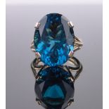 A 9ct gold large blue topaz set ring, topaz height 20mm, size N.