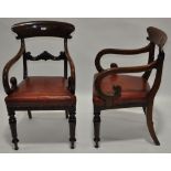 A pair of Georgian mahogany elbow chairs, with table top rails and scrolled back,