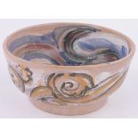 A Fulham Pottery fruit bowl by Quentin Bell, with painted abstract designs,