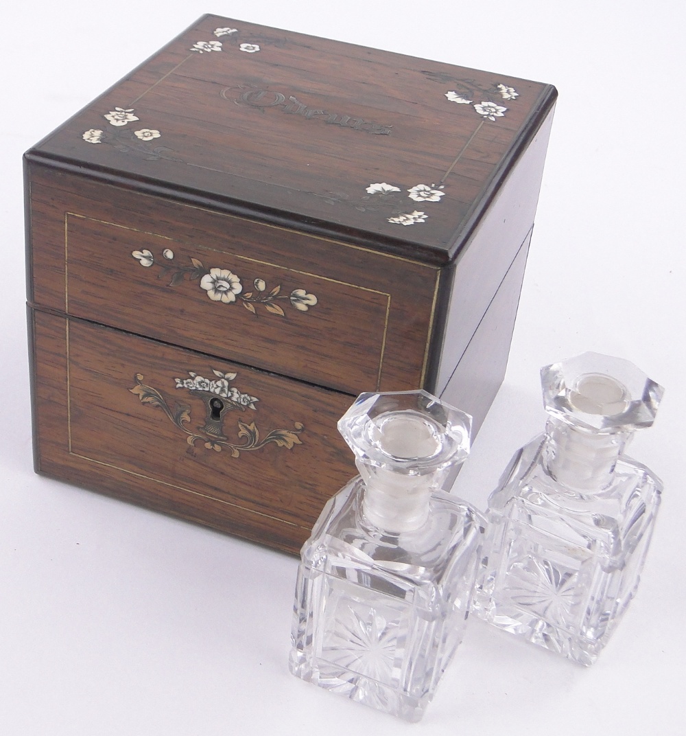 A French rosewood "Odeurs" perfume box, ivory and brass marquetry inlay,