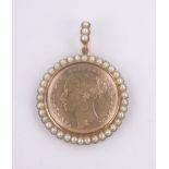 An 1878 gold sovereign in 15ct gold pearl set pendant mount, with convex crystal front and back,