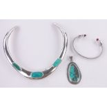 A Mexican silver and turquoise set collar and 2 other pieces of Mexican stone set silver jewellery,