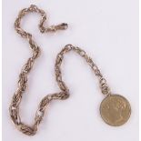 A Victorian 1882 gold sovereign, on 9ct gold fancy-link chain, gross weight 34.6g.