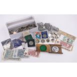 Group of coins, banknotes and medallions.