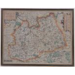 A 17th century hand coloured map engraving of Surrey, by William Kip and John Norden, 30cm x 39cm,