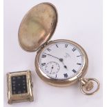 A keystone goldplated full hunter pocket watch, and an Art Deco goldplated wristwatch, (2).