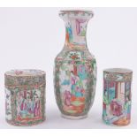 3 Pieces of Chinese Canton porcelain, including a cylindrical lidded box, height 11cm,