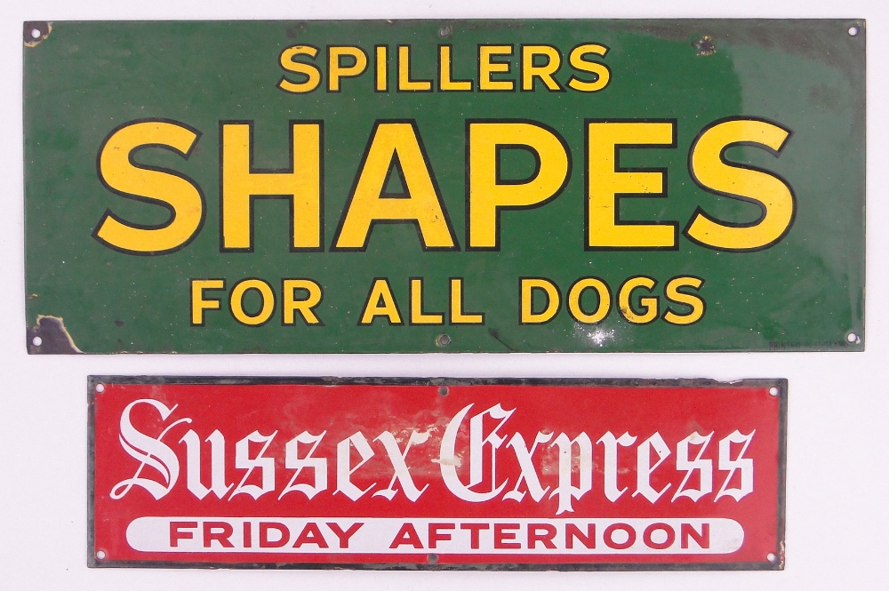A Spiller's Shapes dog food green ground Vintage enamelled advertising sign,