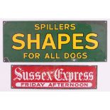 A Spiller's Shapes dog food green ground Vintage enamelled advertising sign,