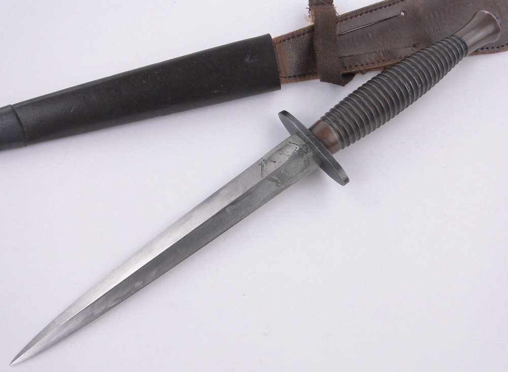 A rare etched Third pattern Fairbairn Sykes Commando knife, with pommel mound no. - Image 2 of 3