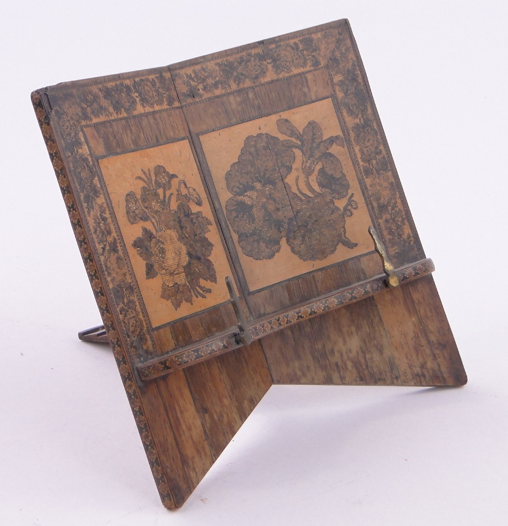A Victorian Tunbridge Ware and rosewood bookstand, floral micro mosaic panels on adjustable strut,