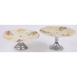 A pair of Clarice Cliff Barbola pattern comports, with embossed fruit designs on chrome bases,