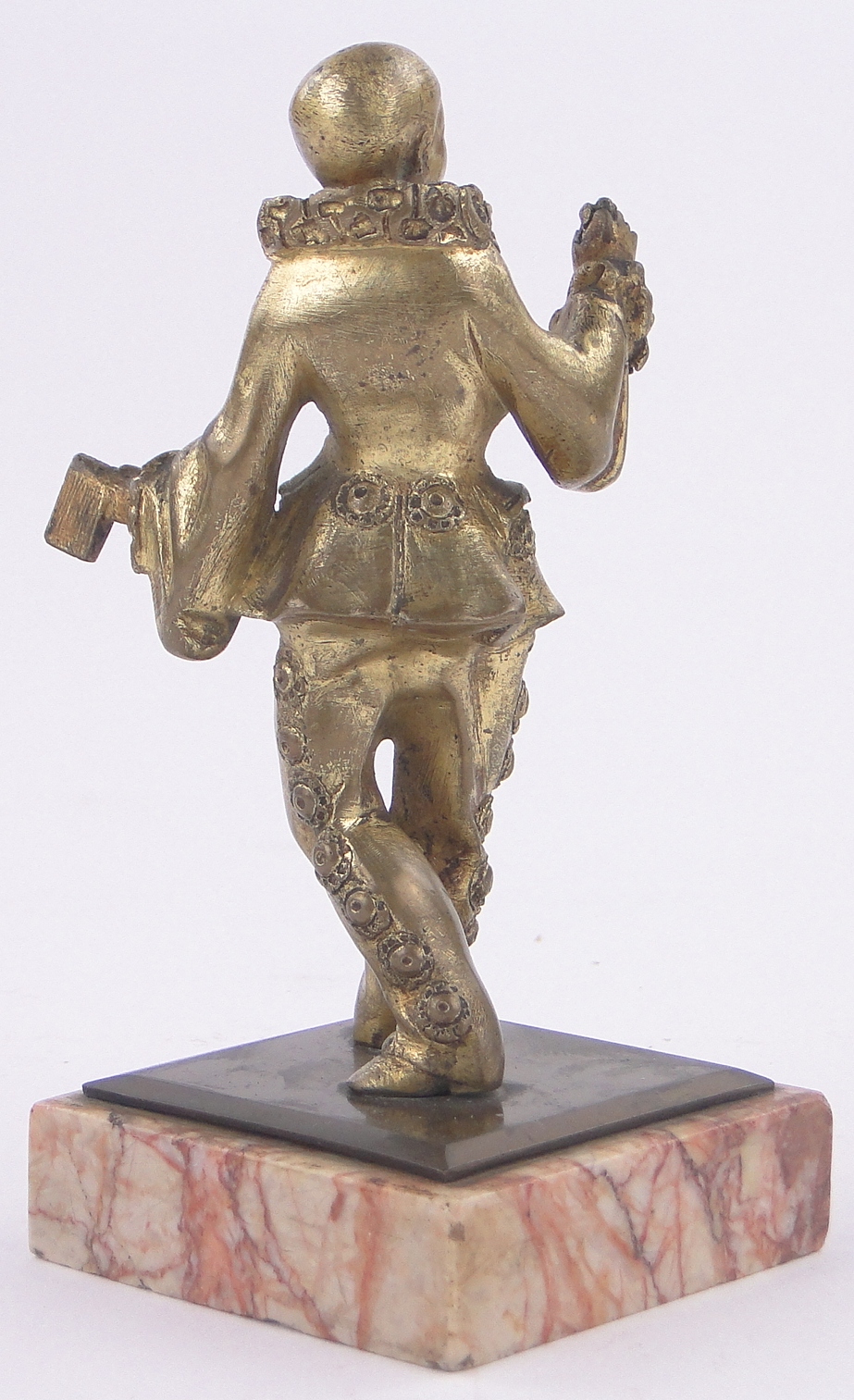 A French gilt bronze Pierrot clown, early 20th century, unsigned on rouge marble plinth, - Bild 2 aus 3