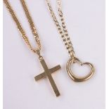 A 9ct gold crucifix on chain, and a 9ct heart shaped pendant on chain, 25.8g total.