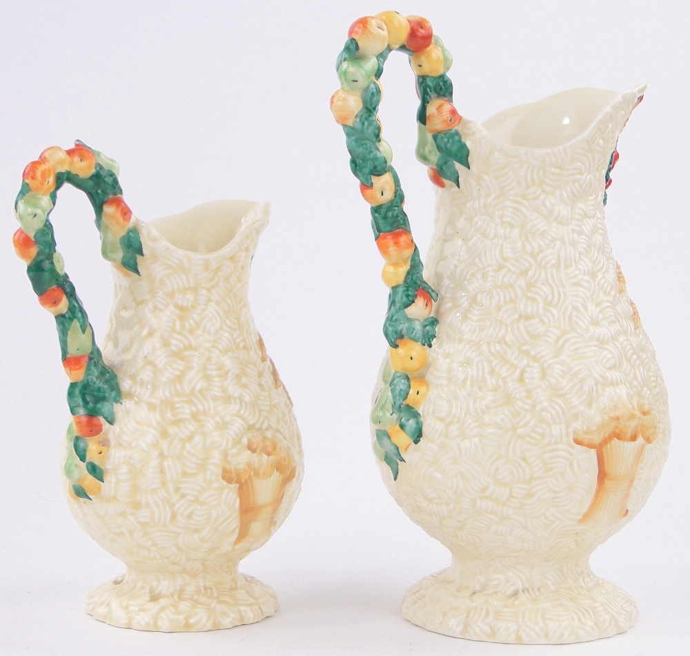 A graduated pair of Clarice Cliff Barbola pattern jugs, with fruit embossed handles, - Image 2 of 3