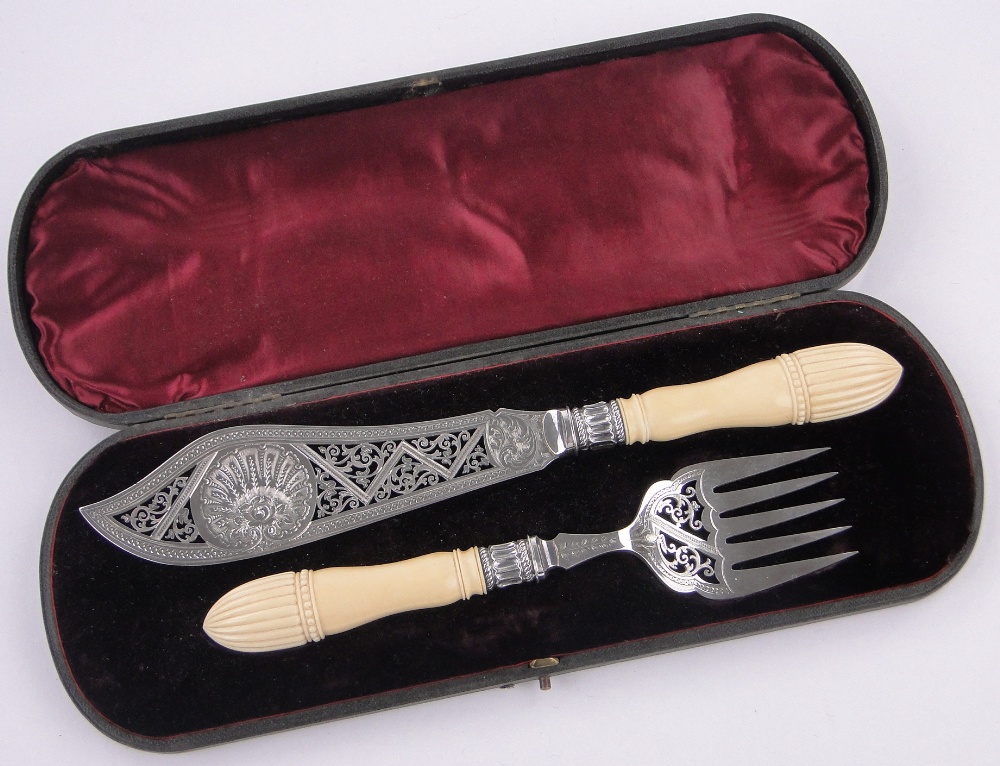 Pair of Victorian silver plated fish servers,