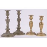 2 Pairs of 19th century gilt brass candlesticks, largest height 25cm.