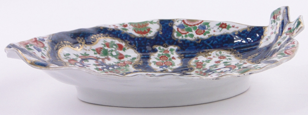 An early Worcester porcelain leaf shaped dish, with painted and gilded botanical designs, - Image 2 of 3
