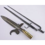 2 Antique bayonets, and a bronze pike staff tip (probably reproduction) length 51cm.