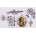 A group of silver jewellery, icon pendant, etc.